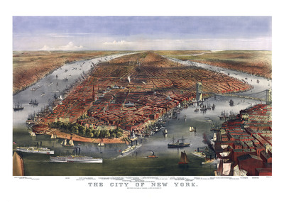 New York City in 1870 - Bird's Eye View Map, Aerial, Panorama, Vintage, Antique, Reproduction, Giclée, Framable, Fine Art