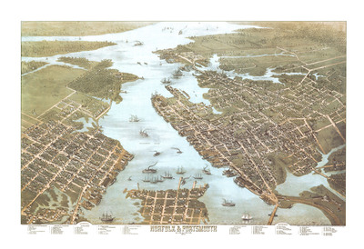 Norfolk and Portsmouth, Virginia in 1873 - Bird's Eye View Map, Aerial, Panorama, Vintage, Antique, History, Fine Art, Wall Art