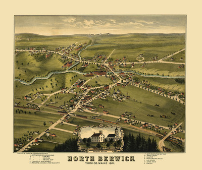 North Berwick, Maine in 1877 - Bird's Eye View Map, Aerial, Panorama, Vintage, Antique, Reproduction, Giclée, Framable, Fine Art