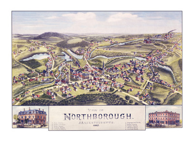 Northborough, Massachusetts in 1887 - Bird's Eye View Map, Aerial Map, Panorama, Vintage map, Antique map, Giclée, Fine Art, Wall Art