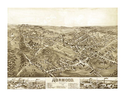 Norwood, Massachusetts in 1882 - Bird's Eye View, Aerial, Panorama, Vintage, Antique, Giclée, Wall Map, History, Fine Art, Wall Art