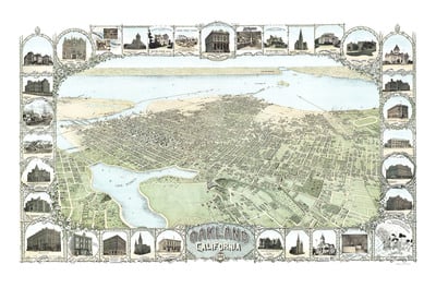 Oakland, California in 1900 - Bird's Eye View, Map, Aerial, Panorama, Vintage, Antique, Fine Art, Wall Art, History