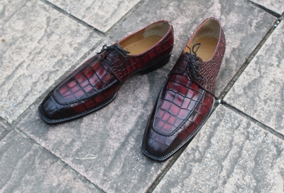 Crafted Leather Classic Burguny Crocodile/Alligator Leather Lace up Oxford Dress Shoes