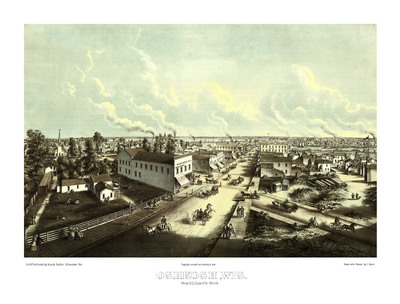 Oshkosh, Wisconsin in 1850 - From H.L. Cottrill's Block, Bird's Eye, Aerial, Panorama, Vintage, Antique, Giclée, Fine Art, Wall Art, History