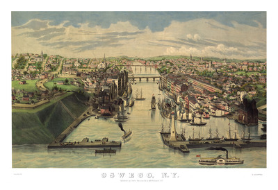Oswego, New York in 1855 - Bird's Eye View Map, Aerial, Panorama, Vintage, Antique, Reproduction, Giclée, Framable, Fine Art, Wall art