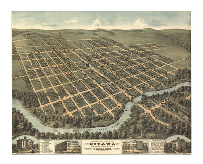 Ottawa, Kansas in 1872- Bird's Eye View Map, Aerial Map, Panorama, Vintage map, Antique map, Reproduction, Giclée, Framable map, Fine Art