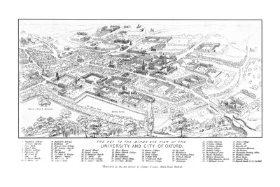 Key to Oxford, England: The City and the University in 1850 - Bird's Eye, Panorama, Vintage, Antique, Reproduction, Framable, Fine Art,