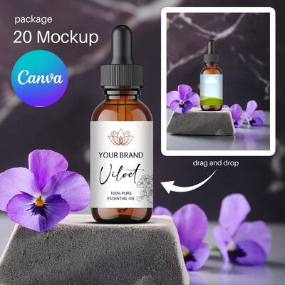 Dropper Bottle 30ml Mockup Violet flavor, Amber Bottle Canva Mockup, Serum Bottle Mockup Natural and Fresh Themed Visuals and Marketing