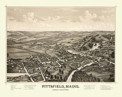 Pittsfield, Maine in 1889 - Bird's Eye View Map, Aerial, Panorama, Vintage, Antique, Reproduction, Giclée, Framable, Fine Art