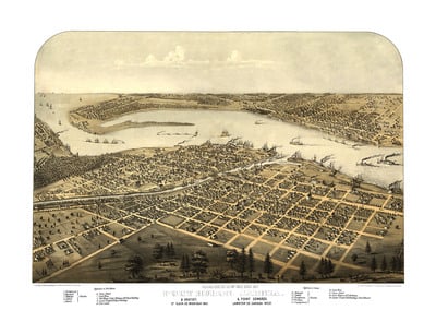 Port Huron, Sarnia, and Gratiot, Michigan and Point Edwards, Canada in 1867- Bird's Eye View Map, Vintage, Antique, Fine Art, Wall Art
