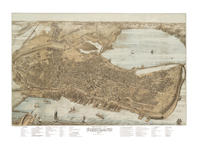 Portland, Maine in 1876 - Bird's Eye View Map, Aerial, Panorama, Vintage, Antique, Reproduction, Giclée, Fine Art, Wall Art, History