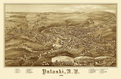 Pulaski, NY in 1885 - Bird's Eye View Map, Aerial, Panorama, Vintage, Antique, Reproduction, Giclée, Framable, Fine Art, Home Decor, History