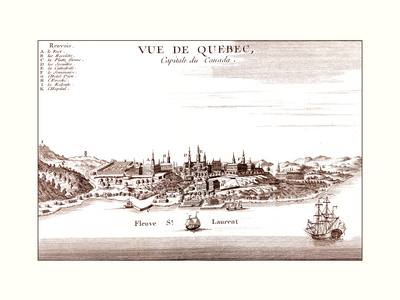 Quebec City, Quebec, Canada in 1755 - Bird's Eye View, Aerial, Panorama, Vintage, Antique, Reproduction, Giclée, Framable, Fine Art, Wall Art