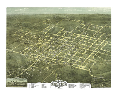 Raleigh, North Carolina in 1872 - Bird's Eye View, Aerial, Panorama, Vintage, Antique, Reproduction, Giclée, Framable, Fine Art, Wall art