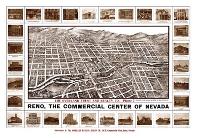 Reno, Nevada in 1907 - Bird's Eye View, Map, Aerial, Panorama, Vintage, Antique, Fine Art, Wall art