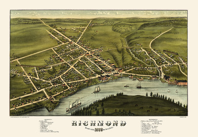Richmond, Maine in 1878 - Bird's Eye View Map, Aerial, Panorama, Vintage, Antique, Reproduction, Giclée, Framable, Fine Art