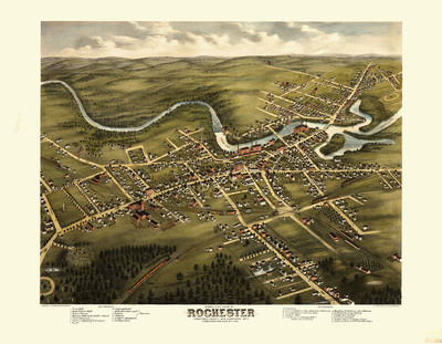 Rochester, NH in 1877 - Bird's Eye View Map, Aerial, Panorama, Vintage, Antique, Reproduction, Giclée, Framable, Fine Art