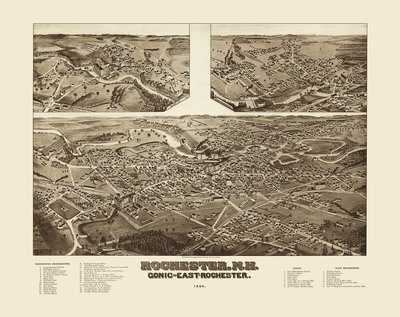 Rochester, Gonic, & East Rochester NH - 1884 - Bird's Eye Map, Aerial, Panorama, Vintage, Antique, Reproduction, Giclée, Framable, Fine Art