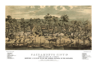 Sacramento City, California in 1850 - Bird's Eye View, Aerial, Panorama, Vintage, Antique map, Reproduction, Fine Art, Wall Map, History
