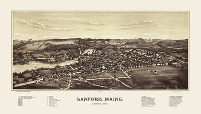 Sanford, Maine in 1889 - Bird's Eye View Map, Aerial, Panorama, Vintage, Antique, Reproduction, Giclée, Framable, Fine Art