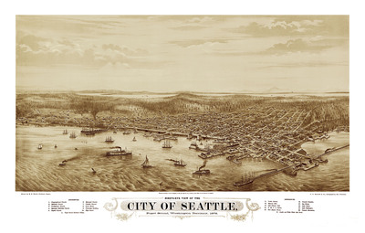 Seattle, Washington in 1878 - Bird's Eye View, Aerial map, Panorama, Vintage, Antique map, Reproduction, Giclée, Fine Art, Wall Art, History