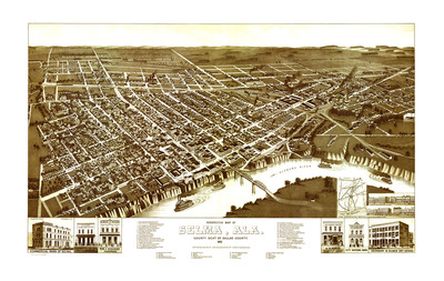 Selma, AL in 1887 - Bird's Eye View Map, Aerial Map, Panorama, Vintage Map, Antique map, Reproduction, Giclée, Framable, Fine Art, History