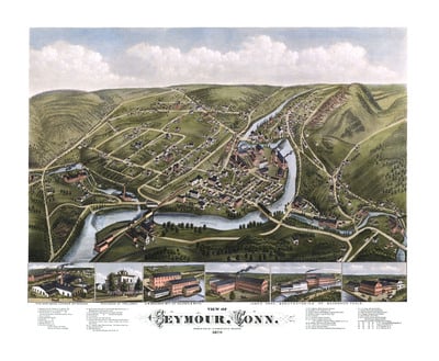 Seymour, Connecticut in 1879 - Bird's Eye View Map, Aerial, Panorama, Vintage, Antique, Giclée, Fine Art, Wall Art, History