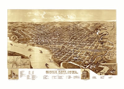 Sioux City, Iowa in 1888 - Bird's Eye View, Aerial map, Panorama, Vintage, Antique map, Reproduction, Giclée, Fine Art, Wall Art, History