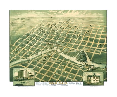 Sioux Falls, South Dakota in 1881 - Bird's Eye View, Map, Aerial, Panorama, Vintage, Antique, Fine Art, Wall Art