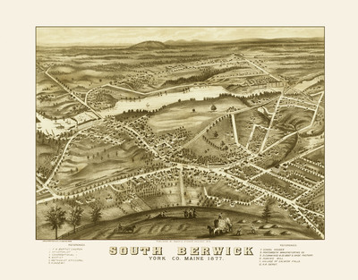 South Berwick, Maine in 1877 - Bird's Eye View Map, Aerial, Panorama, Vintage, Antique, Reproduction, Giclée, Framable, Fine Art