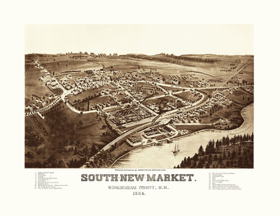 South New Market (Newfields), NH in 1884 - Bird's Eye, Aerial, Panorama, Vintage, Antique map, Reproduction, Giclée, Framable map, Fine Art
