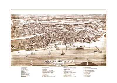 St. Augustine, Florida in 1885 - Bird's Eye View Map, Aerial, Panorama, Vintage, Antique, Reproduction, Giclée, Fine Art, Wall Art, History