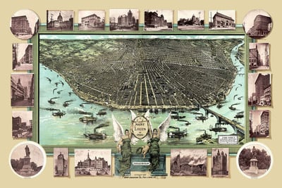 St. Louis, Missouri in 1896 - Bird's Eye View Map, Aerial, Panorama, Vintage, Antique, Reproduction, Giclée, Framable, Fine Art