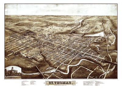 St. Thomas, Ontario, Canada in 1875 - Bird's Eye View, Aerial, Panorama, Vintage, Antique, Reproduction, Giclée, Framable, Fine Art, home, wall art