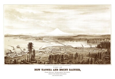 Tacoma and Mt. Rainier, Washington in 1878 - Bird's Eye View, Aerial map, Panorama, Vintage, Antique, Giclée, Fine Art, Wall Art, History