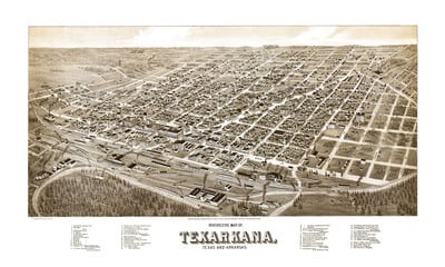 Texarkana, Arkansas and Texas in 1888 - Bird's Eye View, Aerial Panorama, Vintage, Antique Map, Reproduction, Fine Art, Wall Art, History