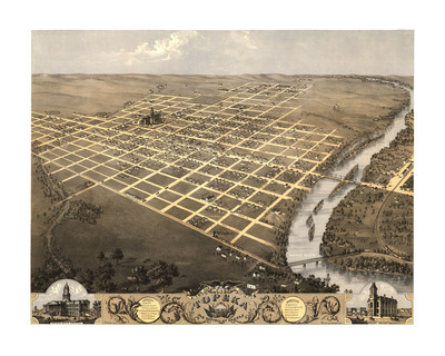 Topeka, Kansas in 1869 - Bird's Eye View Map, Aerial Map, Panorama, Vintage map, Antique map, Reproduction, Giclée, Framable map, Fine Art