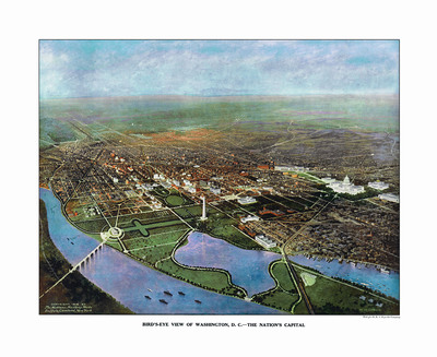 Washington, D.C in 1917 - Bird's Eye View, Map, Aerial, Panorama, Vintage, Antique, Reproduction, Giclée, Fine Art, Wall Art, History