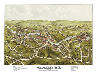 Westerly, Rhode Island in 1877 - Bird's Eye View, Map, Aerial, Panorama, Vintage, Antique, Fine Art, Wall Art, History