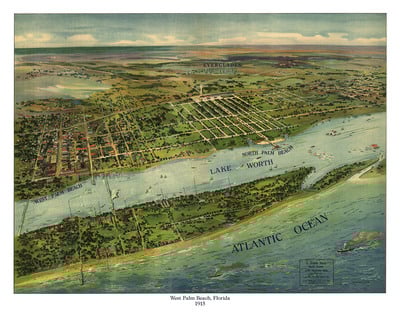 West Palm Beach, FL in 1915 - Bird's Eye View Map, Aerial, Panorama, Vintage, Antique, Reproduction, Giclée, Framable, Fine Art, Wall art