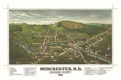 Winchester, NH in 1887 - Bird's Eye View Map, Aerial map, Panorama, Vintage map, Antique map, Reproduction, Giclée, Framable, Fine Art