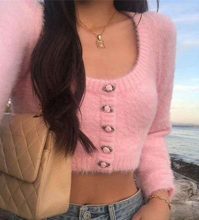 Pink Rose Button Furry Cropped Knit Sweater Cardigan