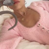 Pink Rose Button Furry Cropped Knit Sweater Cardigan - Thumbnail 3