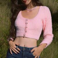 Pink Rose Button Furry Cropped Knit Sweater Cardigan - Thumbnail 4