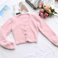 Pink Rose Button Furry Cropped Knit Sweater Cardigan - Thumbnail 5