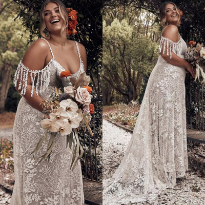 Plus Size Boho Wedding Dresses Beach Bridal Gown Straps