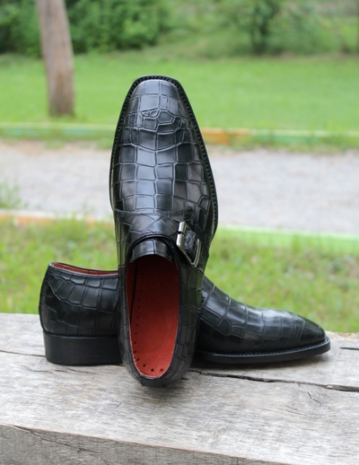 Crafted Leather Classic Black Crocodile/Alligator Single Monk Strap Loafers Shoes