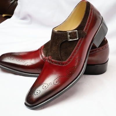 Crafted leather classic brown suede burgundy patina monk strap loafers dress shoes - Thumbnail 3