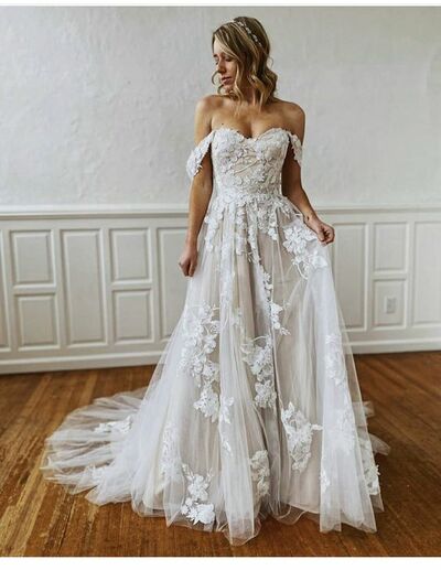 Elegant A Line Off the Shoulder Lace Appliques Sleeveless Wedding Dress Bridal Gown