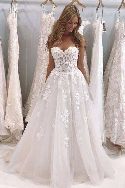 Elegant A Line Off the Shoulder Lace Appliques Sleeveless Wedding Dress Bridal Gown